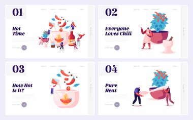 İnsanlar Sıcak Yemek Sitesi İniş Sayfası Seti 'ni pişiriyor ve yiyor. Tipik Meksika Mutfağı İnternet Sayfası Afişi için Biber Baharatlarıyla Yemek Yapan Karakterler. Çizgi film Düz Vektör İllüstrasyonu