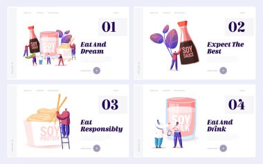 Protein Sitesi İniş Sayfası Seti Olarak Soya Yemeği. Kırmızı başlıklı Soya Sosu, Soya Sütü, Vegan Sağlık ve Aktif Yaşam Web Sayfası Afişi. Çizgi film Düz Vektör İllüstrasyonu