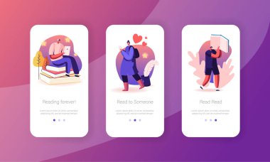 Kitap Aşıkları Mobil Uygulama Sayfası Ekran Seti Okumaktan Hoşlanıyor. Gadgets 'lı Gençler Elektronik ve Kağıt Kitapları Okusunlar, Web sitesi veya Web Sayfası Düz Vektör İllüstrasyonu Edebiyat Konsepti