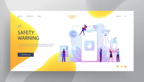 Strona internetowa systemu bezpieczeństwa pożarowego Landing Page. Ludzie są powiadamiani przez smartfona o wypadku pożarowym. Extinguisher, Electrician Examine Working Draft Web Page Banner. Ilustracja wektora płaskiego kreskówki — Wektor stockowy
