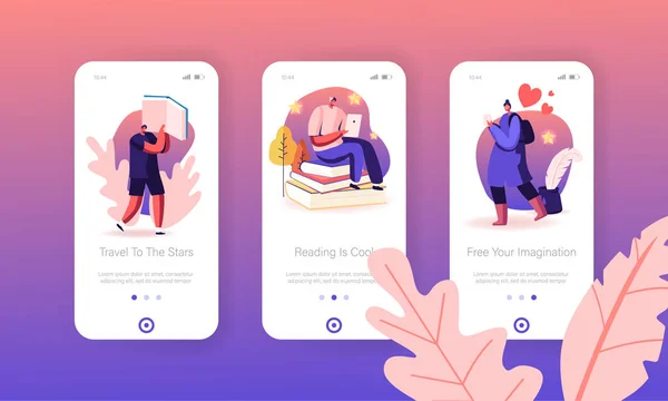 Persone che leggono la pagina Mobile App a bordo dello schermo Set. I giovani lettori leggono libri di carta e utilizzano l'app per Smartphone e Tablet Concept per il sito Web o la pagina Web, illustrazione vettoriale piatta del fumetto — Vettoriale Stock