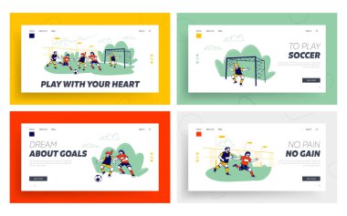 Sportsmen Training before Soccer Tournament Website Landing Page Set. Kids Playing with Ball on Field in Summer Camp, Goalkeeper Defend Gate Web Page Banner. Cartoon Flat Vector Illustration, Line Art clipart