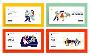 Çocuklar Dövüşüyor, Finansal Okul Sınıfı Web Sitesi İniş Sayfası Seti. Tartışan ve Vuruşan Çocuklar, İş Kursunda Çalışan İnsanlar İnternet Sayfası Afişi. Çizgi film Düz Vektör İllüstrasyonu, Satır Sanatı