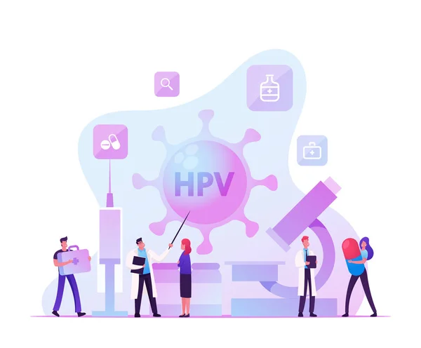 Ανθρώπινος ιός θηλωμάτων, έλεγχος διαγνώσεων ιών HPV και αρχική έννοια διαγνωστικών. Εμβολιασμός χαρακτήρων, θεραπεία ιογενούς λοίμωξης, προστασία υγείας και φαρμακευτική αγωγή. Εικονογράφηση επίπεδου διανύσματος κινουμένων σχεδίων — Διανυσματικό Αρχείο