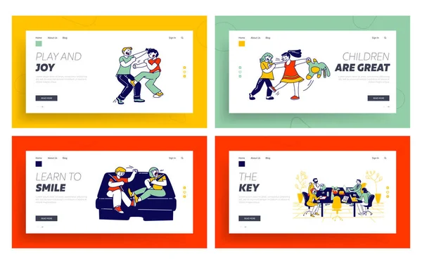 Kids Fighting, Financial School Веб-сайт Landing Page Set. Діти, які стикаються з ауттінгом і хітом, вивчають діловий курс Веб-сторінки банера. Cartoon Flat Vector Illustration, Line Art — стоковий вектор