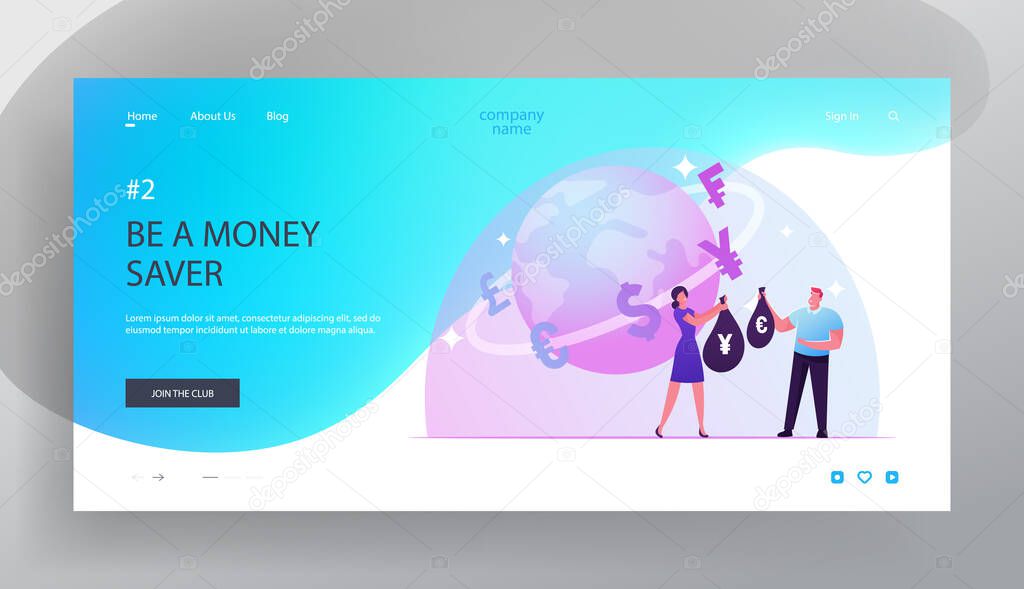 Foreign Currency Exchange Website Landing Page. Woman Give Sack with Yens for Sack of Euro. Trader Profession, European and Japanese Money Changing Web Page Banner. Cartoon Flat Vector Illustration