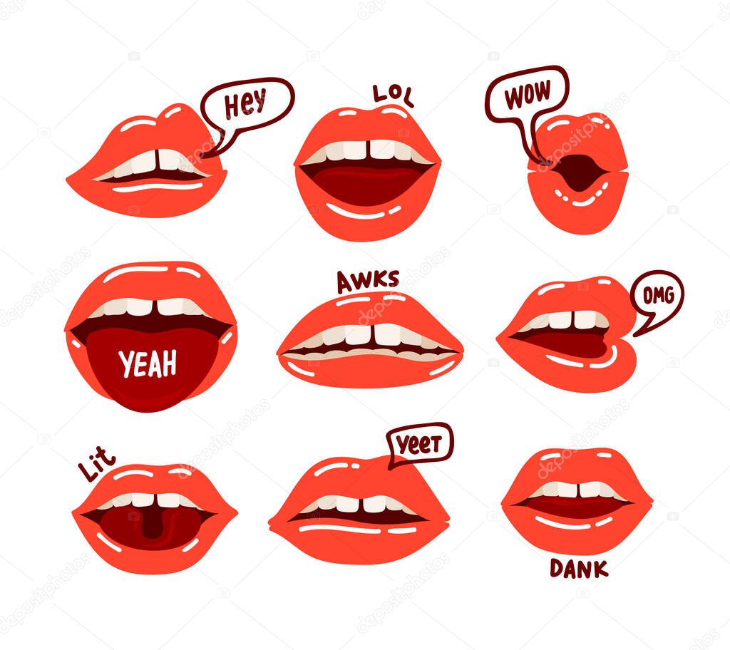 Woman Mouth Set. Red Sexy Lips Expressing Different Emotions as Happy Smiling, Seduction, Show Tongue, Kiss, Surprising, Disgust. Design Elements, Icons, Stickers Cartoon Vector Illustration Clip Art