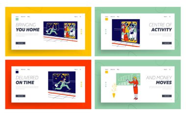 Metro Rush Hour 'da, İş Eğitimi Finansal Okul Web Sitesi İniş Sayfası Seti. Full Train 'de Binen İnsanlar, Koltuk Sunumu Web Sayfası Banner Çizgi Film Düz Vektör Çizim Çizgisi Sanat