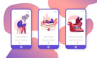 Kitap Okuma Hobisi Mobil Uygulama Sayfası Ekran Ayarları. Gençler ilginç kitaplar okur. Web sitesi veya Web Sayfası için Fantezi Dünyasını Derin Daldırma Derinlemesine Okuyan Düz Vektör İllüstrasyonu