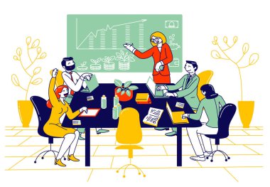 Finansal Okul Kursları veya İş İnsanları Yönetim Kurulu Toplantısı. Çalışanların Şirket Stratejisi ve Finansal Danışmanlık Bulma Seminer Seminer Çizgisi Düz Vektör Çizgi Çizgisi