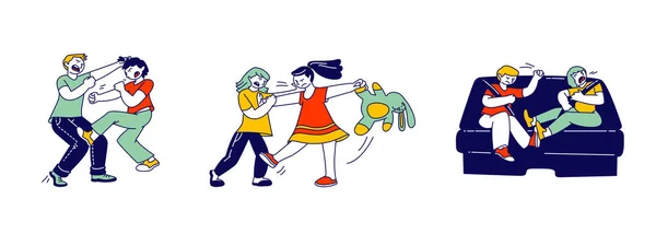 Malé děti bojují a hádky v herně, spolužáci, sourozenci nebo přátelé křičí a mlátí se navzájem, konfliktní situace, Hyperaktivní dítě, Cartoon Flat Vector Illustration, Line Art — Stockový vektor