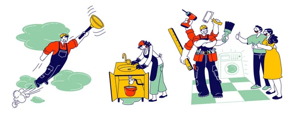 Handyman in Overalls with Instruments and Equipment for Technique and Plumbing Repair (dalam bahasa Inggris). Profesional Worker with Tools Help Family, Suami di Hour Service Cartoon Flat Vector Illustration, Line Art - Stok Vektor