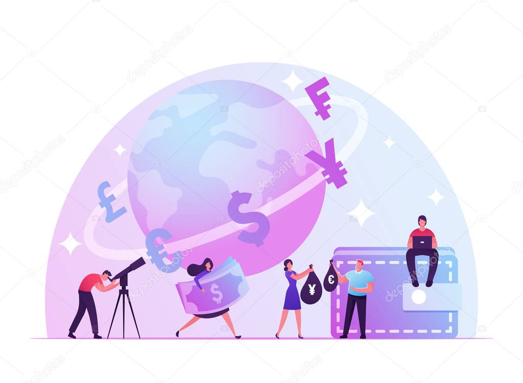 Trading and Global Economics Situation. People Rejoice at Favorable Exchange Rate. Online Economy Applications for Quick Currency Exchange Euro Yen Pound Dollar. Cartoon Flat Vector Illustration
