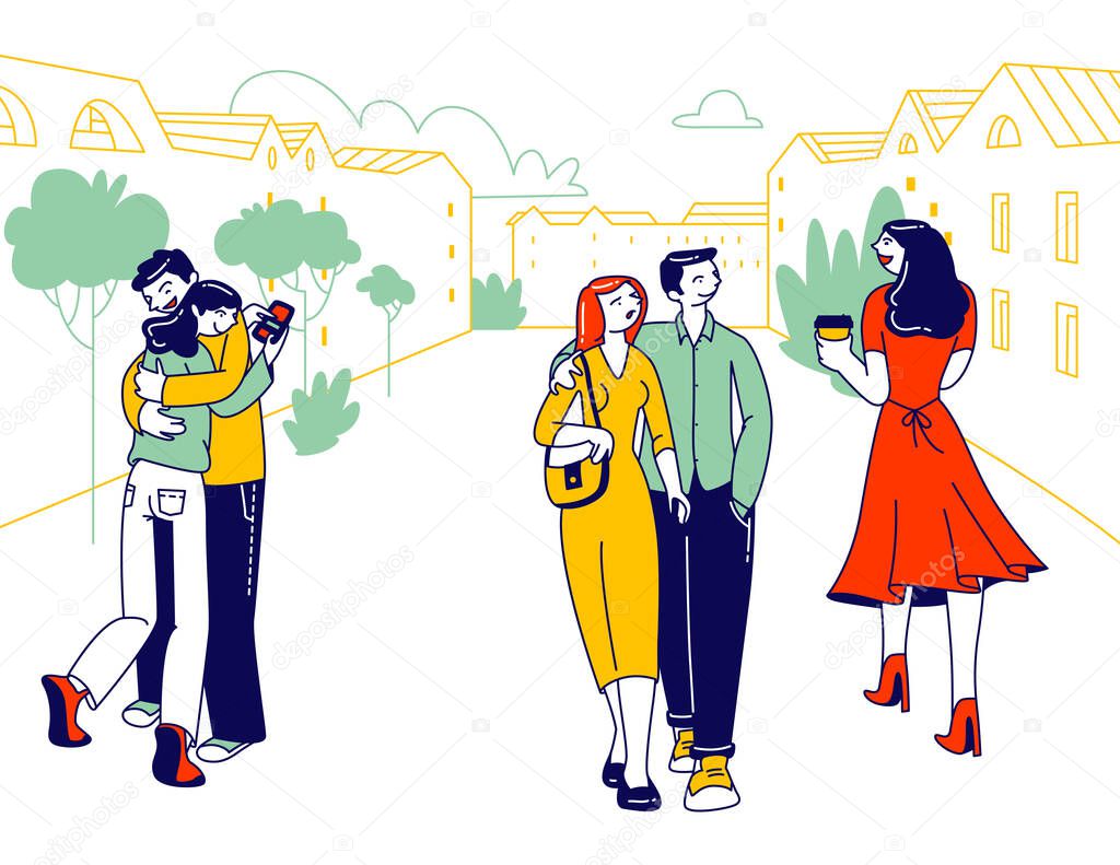 Treason, Perfidy and Love Triangle Concept. People with Soulmates Walking on Street Looking on other Attractive Persons. Angry Jealous Woman, Girl Chatting Cartoon Flat Vector Illustration, Line Art