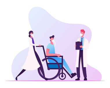 Doktor Tekerlekli Sandalye ve Hasta Maskeli Adam. Coronavirus Cov Salgın Sağlık ve Tıp Konsepti. Tehlikeli Bulaşıcı Enfeksiyon, Hastalık, Küresel Hastalık Çizgi Filmi Yassı Vektör İllüstrasyonu