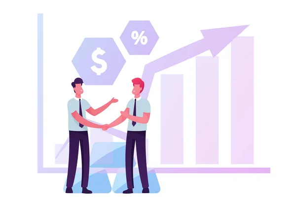 Couple d'hommes d'affaires serrant la main près de la flèche de croissance graphique avec des icônes de devise et or ou pile de barres d'argent. Investissement, Bourse et concept de trading, Illustration vectorielle plate de bande dessinée — Image vectorielle