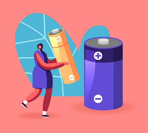 Woman Carry Enormt batteri att kasta skräp i särskilda skräp Bin för återvinning skräp, sortera avfall och segregation. Miljöskydd, Minska föroreningar Cartoon Flat Vector Illustration — Stock vektor