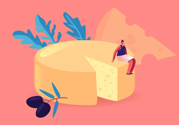 Personnage féminin gastronomique minuscule assis sur un énorme bloc rond de fromage jaune frais aux olives. Production culinaire laitière, Nutrition biologique agricole, Illustration vectorielle plate de dessin animé d'apéritif de petit déjeuner — Image vectorielle