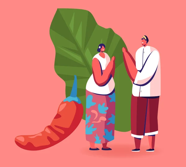 전통 의상을 입은 젊은 말레이시아 남녀가 매운 음식을 요리하는 데 사용되는 커다란 빨간 칠리 고추와 녹색 잎 근처에서 서로 인사를 나눈다. 만화 평면 벡터 일러스트 — 스톡 벡터
