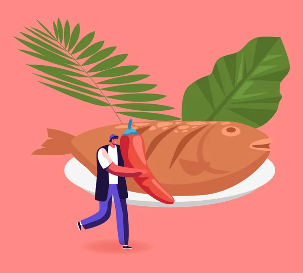 Penyetan Traditionelles indonesisches Essen mit Fisch. Mann mit Chili in der Nähe von Delicious Grilled Dorado oder Dorade mit Zitrone, Orangenscheiben, Gewürzen, frischer Petersilie und Spinat Cartoon Flat Vector Illustration — Stockvektor