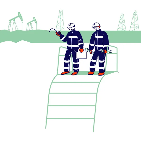 Industrie pétrolière et gazière. Travailleurs en uniforme et Hardhats détenant des instruments sur la chaîne de production. Ingénieurs gaziers près de la station-service à l'usine de dessin animé Illustration vectorielle plate, Line Art — Image vectorielle