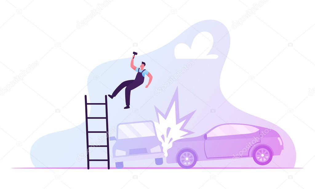 Accident Insurance and Life Protection Concept. Worker Falling from High Ladder, Cars Smash on Road. Life, Health and Property Protection. Injury, Trauma at Workplace Cartoon Flat Vector Illustration