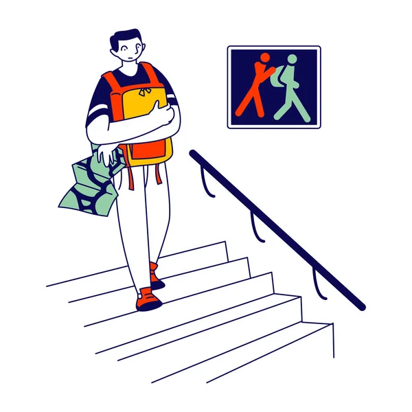 Переляканий турист тримає рюкзак на Chest Hiding from Pickpockets під час відвідування музею або відомих пам'яток в іноземному місті. Попередження на Wall Thieves Cartoon Flat Vector Illustration, Line Art — стоковий вектор