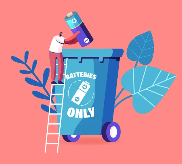 Concept afgedankte elektrische en elektronische apparatuur. Tiny Man Gooi Enorme Batterij In Speciale Nest Bin Voor Recycling en Trash Separation. Milieubescherming Cartoon Flat Vector Illustratie — Stockvector