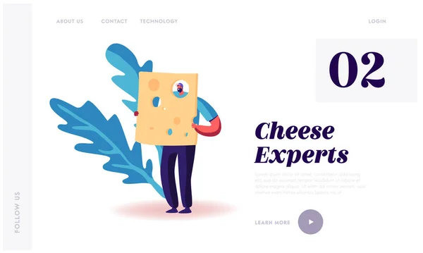 Чоловік тримає величезний шматок сиру з дірками веб-сайт Landing Page. Чоловічий персонаж, насолоджуючись виробництвом молока, здоровим харчуванням, органічним фермерським продуктом веб-сторінка банер мультфільм плоска векторна ілюстрація — стоковий вектор