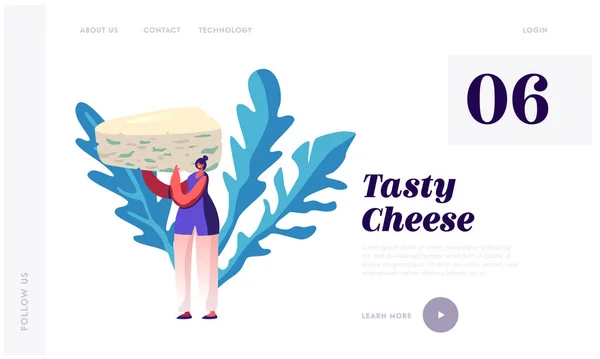 Strona produkcji delikatesów Landing Page. Kobieta Hold ogromny kawałek francuskiego sera Roquefort z niebieskim grzybem korzystających Drogie Gourmet Produkt Strona internetowa Banner. Ilustracja wektora płaskiego kreskówki — Wektor stockowy