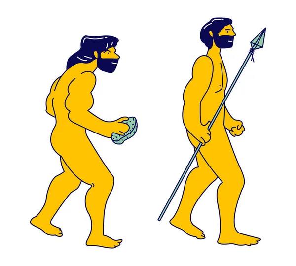 Evolution, Darwin Theory Concept. Cro-magnon Caveman avec pierre évoluent vers Homo Sapiens avec lance à la main, anthropologie, processus de développement humain, préhistoire Dessin animé Vecteur plat Illustration Ligne Art — Image vectorielle