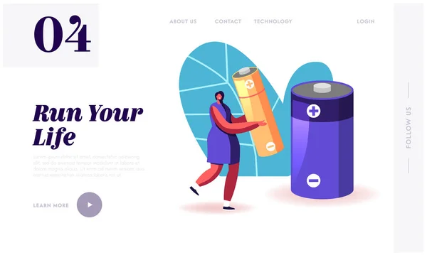 E-Waste Sorting and Segregation Website Landing Page. Woman Carry Huge Battery to for Recycle Rubbish. Environment Protection, Reduce Earth Pollution Web Page Banner. Cartoon Flat Vector Illustration — Stockový vektor