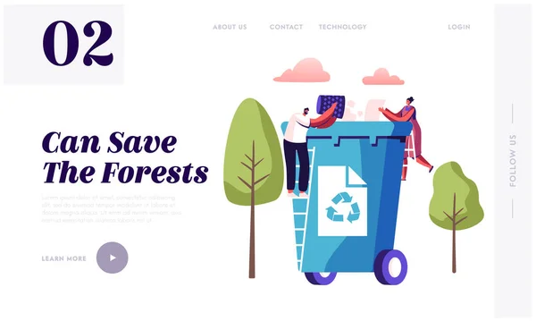 Waste Recycling Website Landing Page (em inglês). Pessoas minúsculas jogam lixo de papel na enorme lixeira com sinal de reciclagem. Natureza Poluição e Proteção Ecológica Web Page Banner. Desenhos animados ilustração vetorial plana —  Vetores de Stock