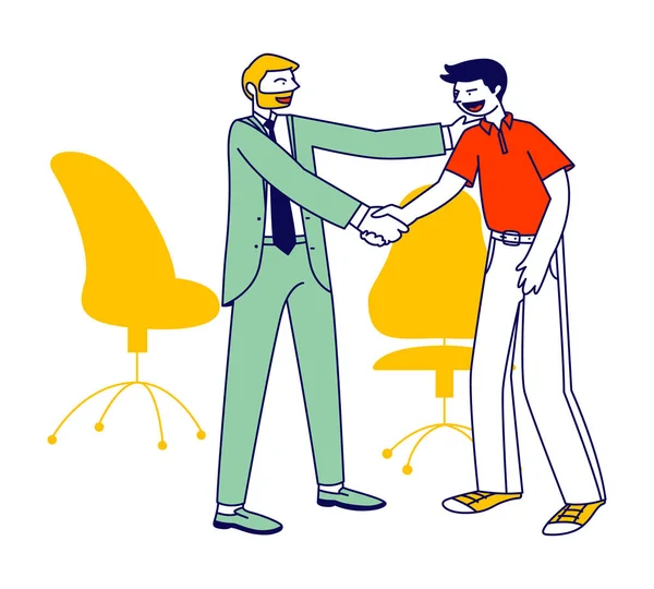 Confident Businessman Company Boss Shaking Hand to Office Employee Режисер вітає працівника за успішну роботу, заохочуючи Cartoon Flat Vector Illustration, Line Art — стоковий вектор
