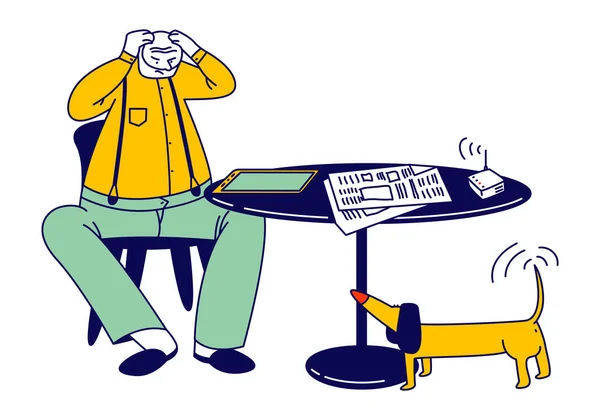 Desperate Senior Man Holding Head Sitting at Table with Tablet and Wifi Trying to Figure Out with New Technologies. Computer Education for Aged People. Cartoon Flat Vector Illustration, Line Art — Stockový vektor