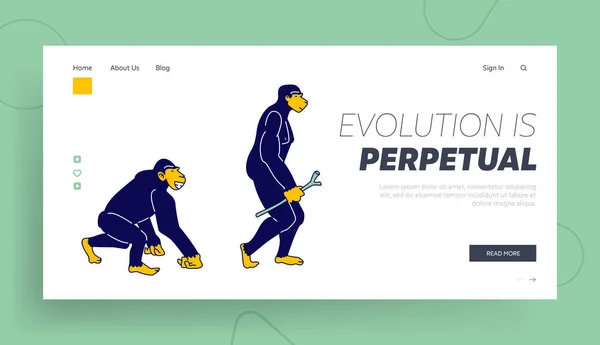 Evolution, Human Development Process Website Landing Page. Monkey Primate Evolve Steps From Ape to Upright Homo Sapiens Holding Stick in Hand Web Page Banner. Cartoon Flat Vector Illustration Line Art — Stock Vector