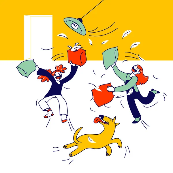 Naughty Hyperactive Children Fighting. Little Girls Friends or Sisters Playing, Making Mess in Room. Kids and Dog Fooling and Fight on Pillows. Game, Quarrel Cartoon Flat Vector Illustration, Line Art Vector Graphics