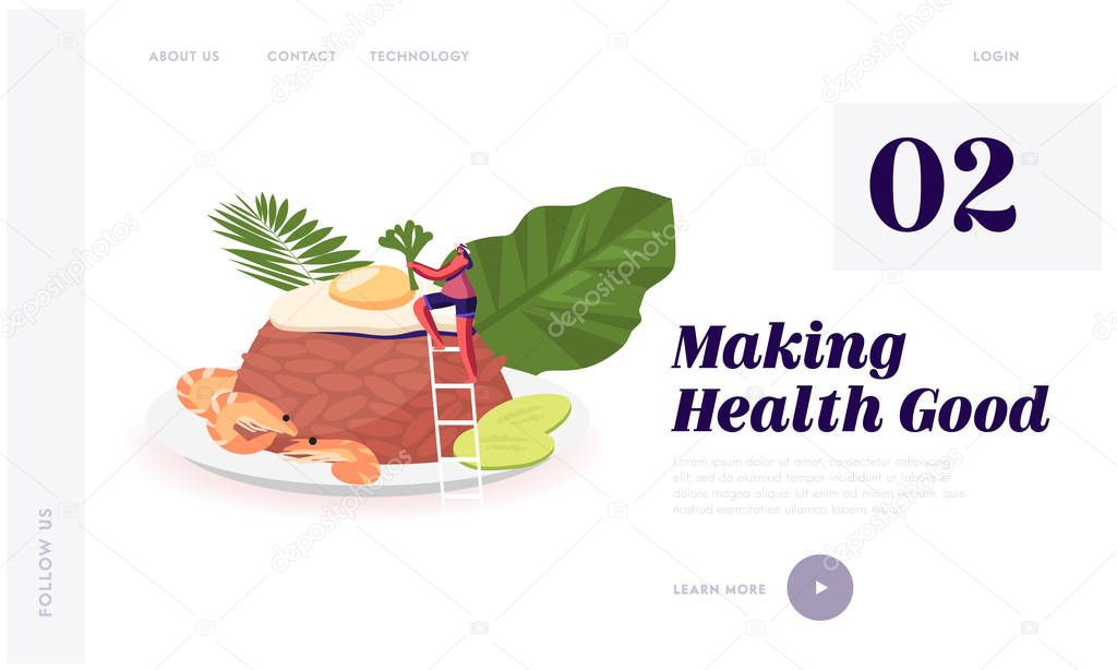 Indonesian Cuisine Website Landing Page. Woman at Traditional Malaysian Meal Nasi Goreng Fried Rice with Shrimps and Egg Garnished with Fresh Cucumber Web Page Banner. Cartoon Flat Vector Illustration