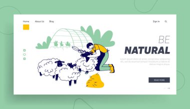 Wool Web Sitesi İniş Sayfası için Koyun Kesen Adam. Sheepshearer Çiftlikte Çalışma Süreci Karakteri. Makasçı, Ewe Wool Web Sayfası Afişini kaldırıyor. Çizgi film Düz Vektör İllüstrasyonu, Satır Sanatı