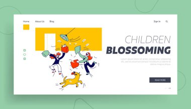 Yaramaz Hiperaktif Çocuklar Web sitesi İniş Sayfası Dövüşü. Küçük kızlar oyun oynuyor, odayı kirletiyor, yastıklarla kavga ediyor. Çocuk Oyunu Web Sayfası Afişi. Çizgi film Düz Vektör Çizgi Sanatı