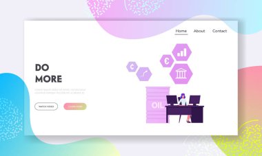 Borsa Sitesi İniş Sayfası. İş kadını tüccarı Bilgisayar Satış ve Satım Para Birimi, Petrol, Şirket Tahvilleri ve Değerli Metaller Web Sayfası Afişi üzerinde çalışıyor. Çizgi film Düz Vektör İllüstrasyonu