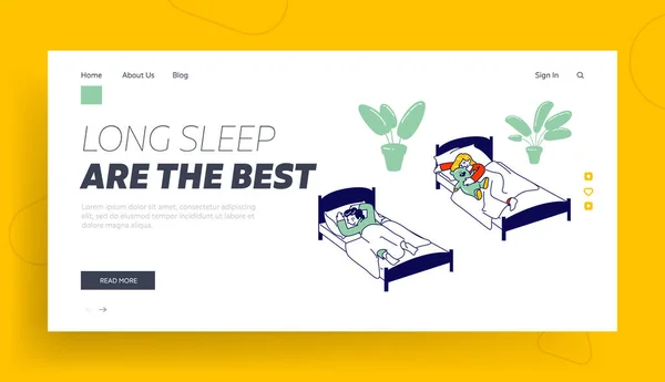 Eftermiddag Nap Time Website Landing Page. Små børn sover i børnehave eller folkeskole. Børn hviler og slapper af, Snooze Web Page Banner. Tegneserie flad vektor illustration, Linje kunst – Stock-vektor