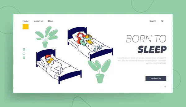 Kids Rest and Relaxing, Snooze in Bedchamber Website Landing Page. Afternoon Nap Time, Little Kids Sleeping in their Beds Kindergarten Web Page Banner. Cartoon Flat Vector Illustration, Line Art — Stockový vektor