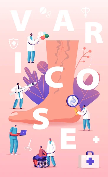 Het concept van spatwaterbehandeling. Kleine Doctor Karakters met Medische Instrumenten en Drugs rond van Enorme Voet met Ziekte Aderen, Gezondheidszorg Poster Banner Flyer Brochure Cartoon Flat Vector Illustratie — Stockvector