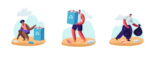 Mensen verzamelen vuilnis in tassen op het strand. Vervuiling van de kust met verschillende soorten afval. Vrijwilligers ruimen afval op aan de Ocean Coast. Milieubescherming Cartoon Flat Vector Illustratie — Stockvector