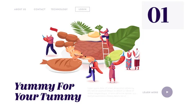 Традиційна сторінка індонезійської кухні Landing Page. Tiny People around Huge Dish Brown Rice with Fried Eggs and Shrimps, Roasted Fish and Veggies Web Page Banner Cartoon Flat Vector Illustration — стоковий вектор