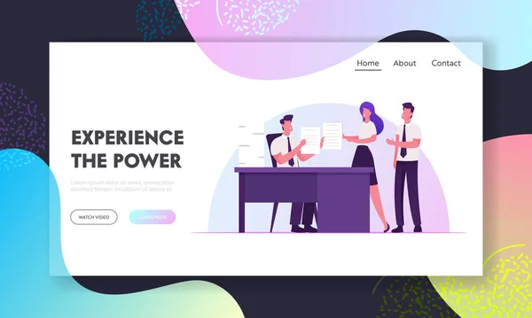 Leadership, Authority, Effective and Productive Management Website Landing Page. Company Boss Sitting at Office Desk Giving Task to Business Employees Web Page Banner. Cartoon Flat Vector Illustration — Stockový vektor