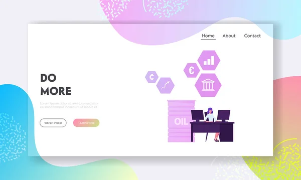 株式市場ウェブサイトランディングページ.ビジネスウーマンコンピューターで働くトレーダー通貨、石油、社債、貴金属のウェブページバナーの販売と購入。漫画フラットベクトルイラスト — ストックベクタ