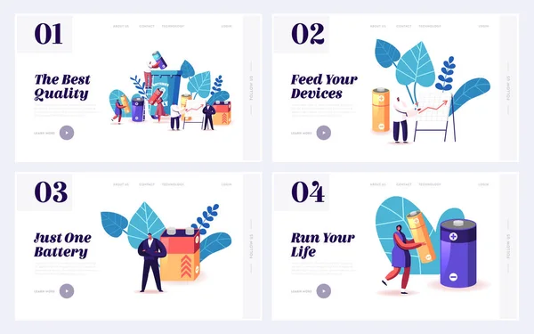 E-avfallsåtervinning, miljö Ekologi skydd webbplats Landning Page Set. Människor Kasta batterier skräp till Special skräp Bin, Data Analysis Graph webbsida Banner. Tecknad platta vektor Illustration — Stock vektor
