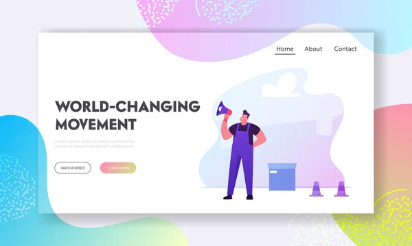 Hoparlörlü Web sitesi İniş Sayfası 'ndan işçi. Ustabaşı, Box ve Trafik Konileri İnşaat Yolu İşletme Web Sayfası Afişi yakınlarındaki Megafona Bağırıyor. Çizgi film Düz Vektör İllüstrasyonu — Stok Vektör